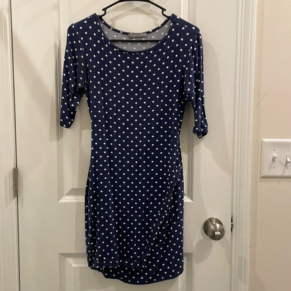 Size small Loveappella navy blue casual dress with white polka dots.